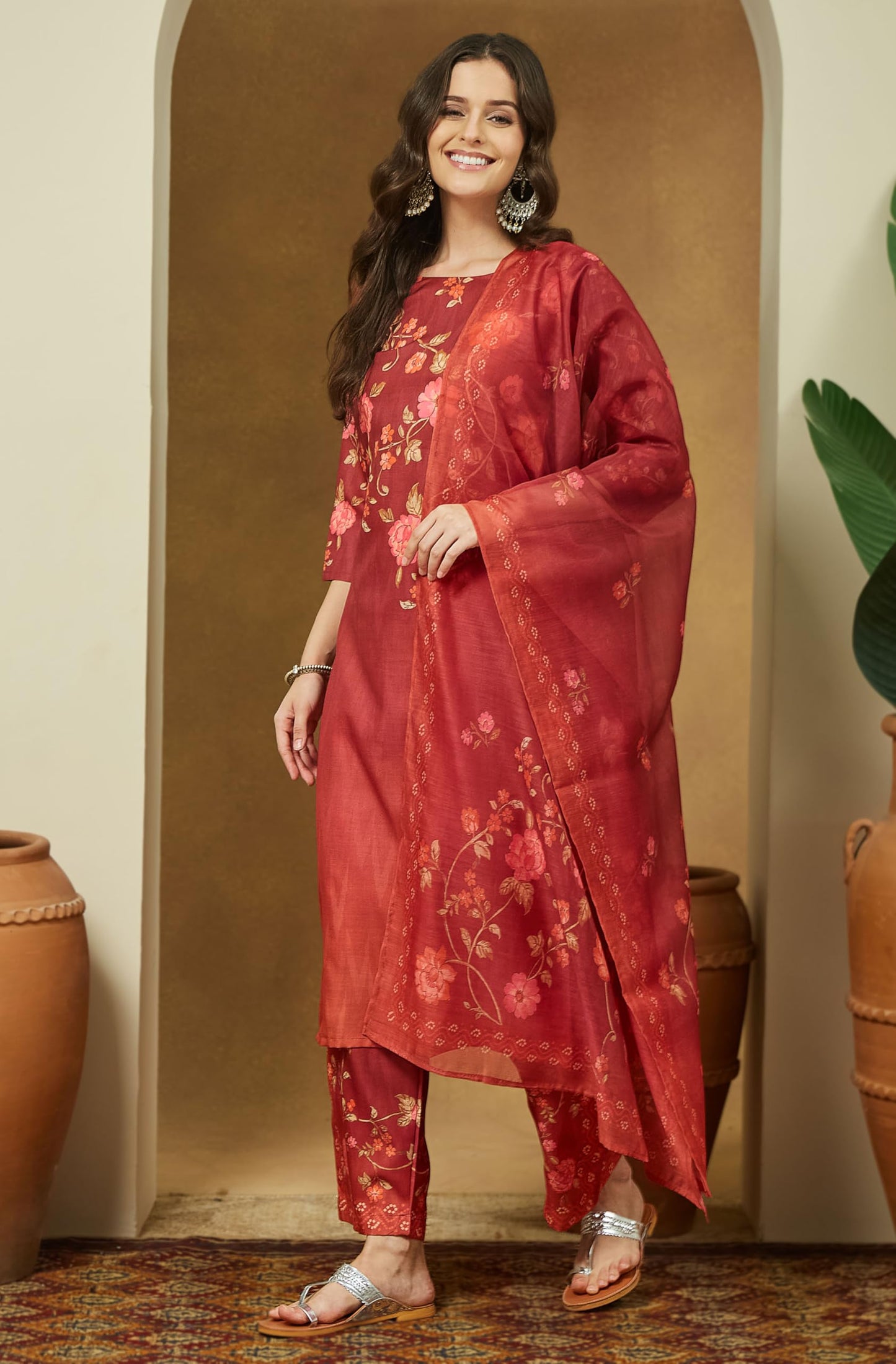 Janasya Women's Rust Cotton Blend Floral Printed Straight Kurta Set (JAC25ST02950-M)