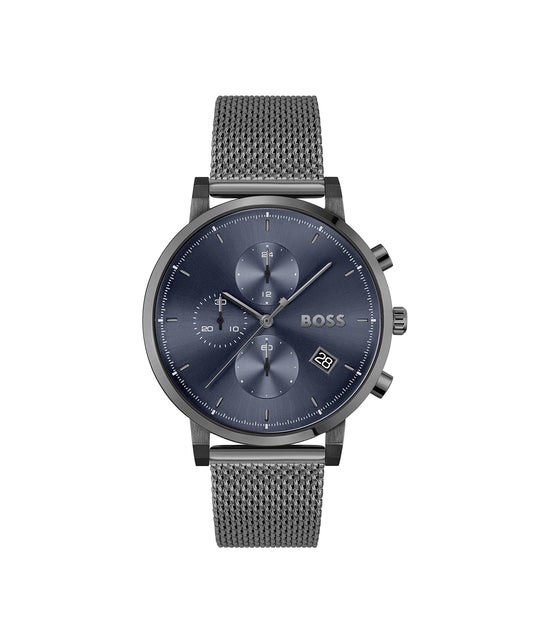 BOSS Integrity Qtz Fashion Chrono Blue Round Dial Men's Watch|Ionic Plated Grey Steel Material|Grey Color Band - 1513934