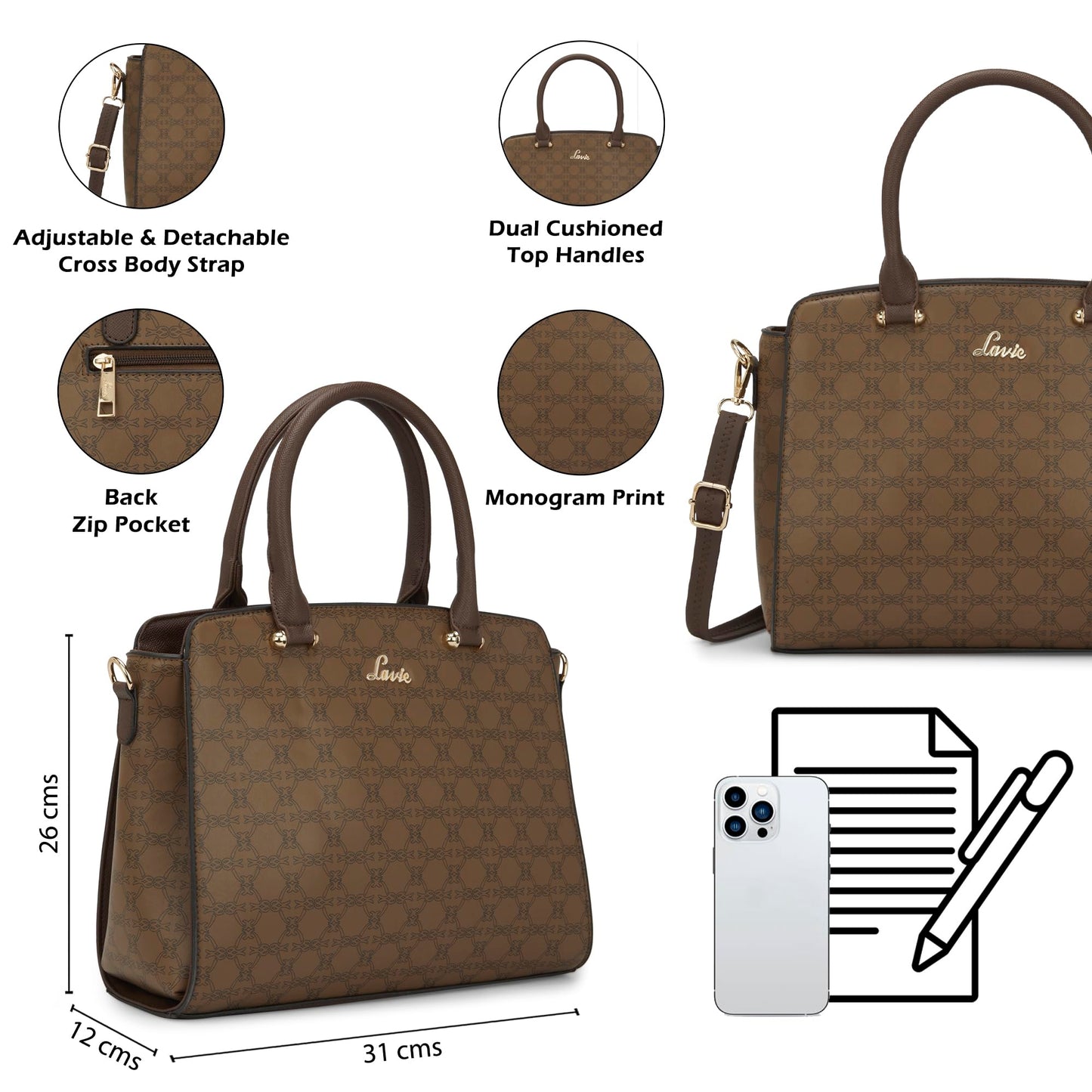 Lavie Women's Mono Ushawu Medium Satchel Handbag for Women | Satchel Bag for Work | Ladies purse | Stylish Shoulder Bag | Gift For Women