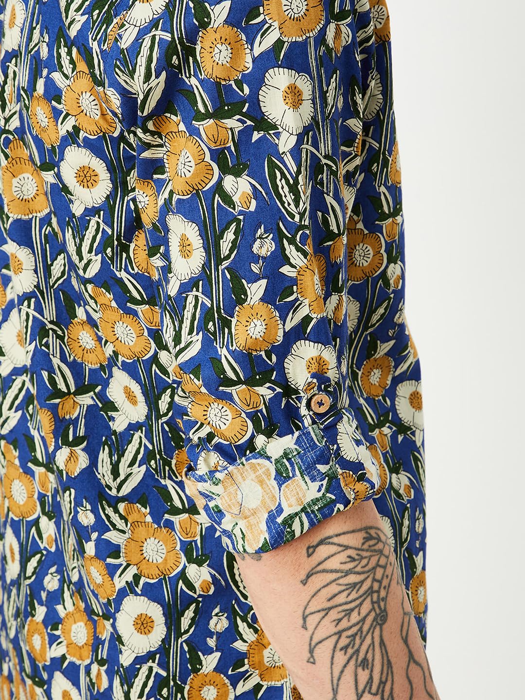 Men Printed Short Kurta, Blue, L