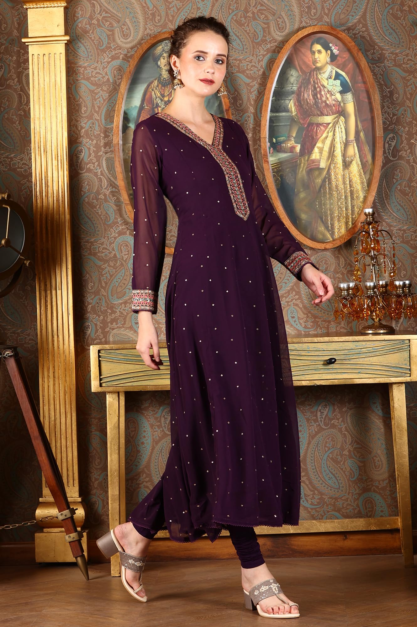 W for Woman Wishful Purple Thread Embroidered Georgette Anarkali Kurta, Churidar and Dupatta Set (Size: XL)-24AUSP10922-400556