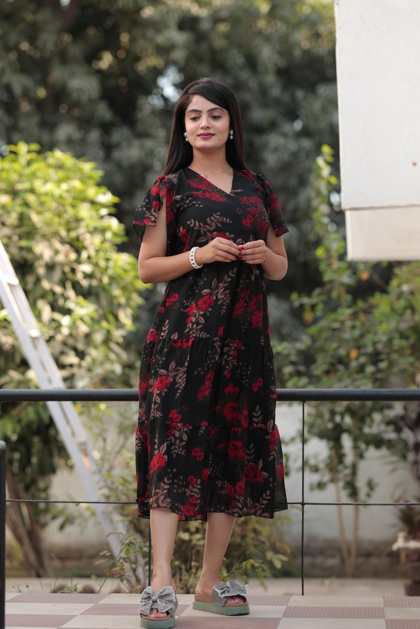 HOSI Georgette Fit and Flare Below The Knee One Piece Maxi Dresses Midi Dress for Women Black