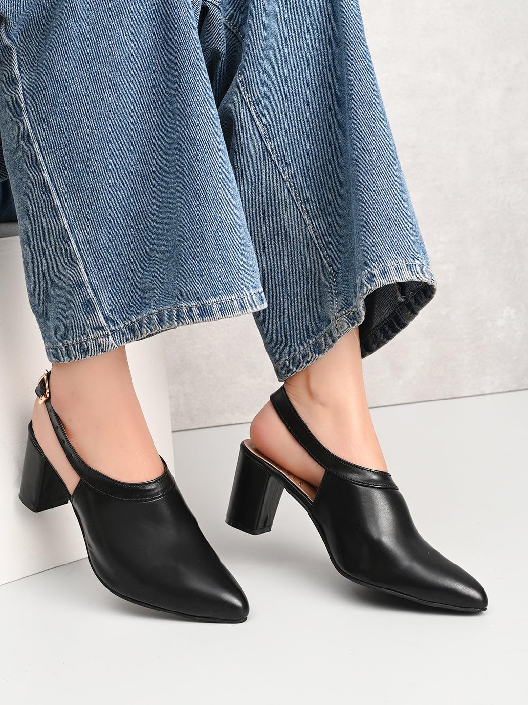 XE Looks Black Slingback Heels | Pointed-Toe Design | Adjustable Strap |Comfortable & Trendy Cushioned Footbed Heels for Girl & Women