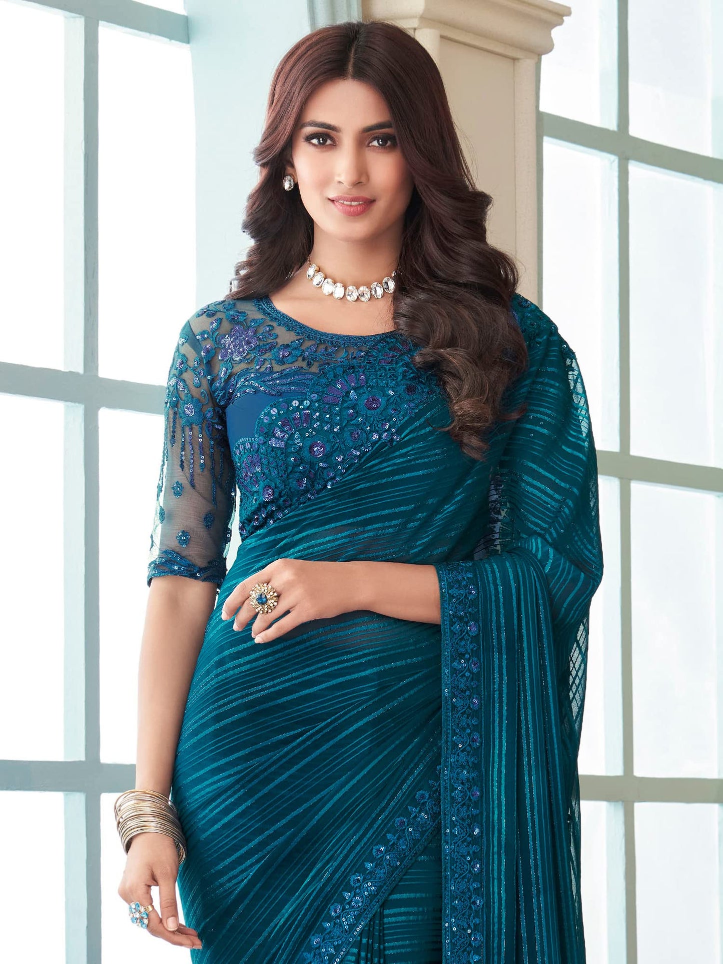 AKHILAM Women's Georgette Embellished Designer Saree With Blouse Piece (Teal blue_SILVER27010_TFH)