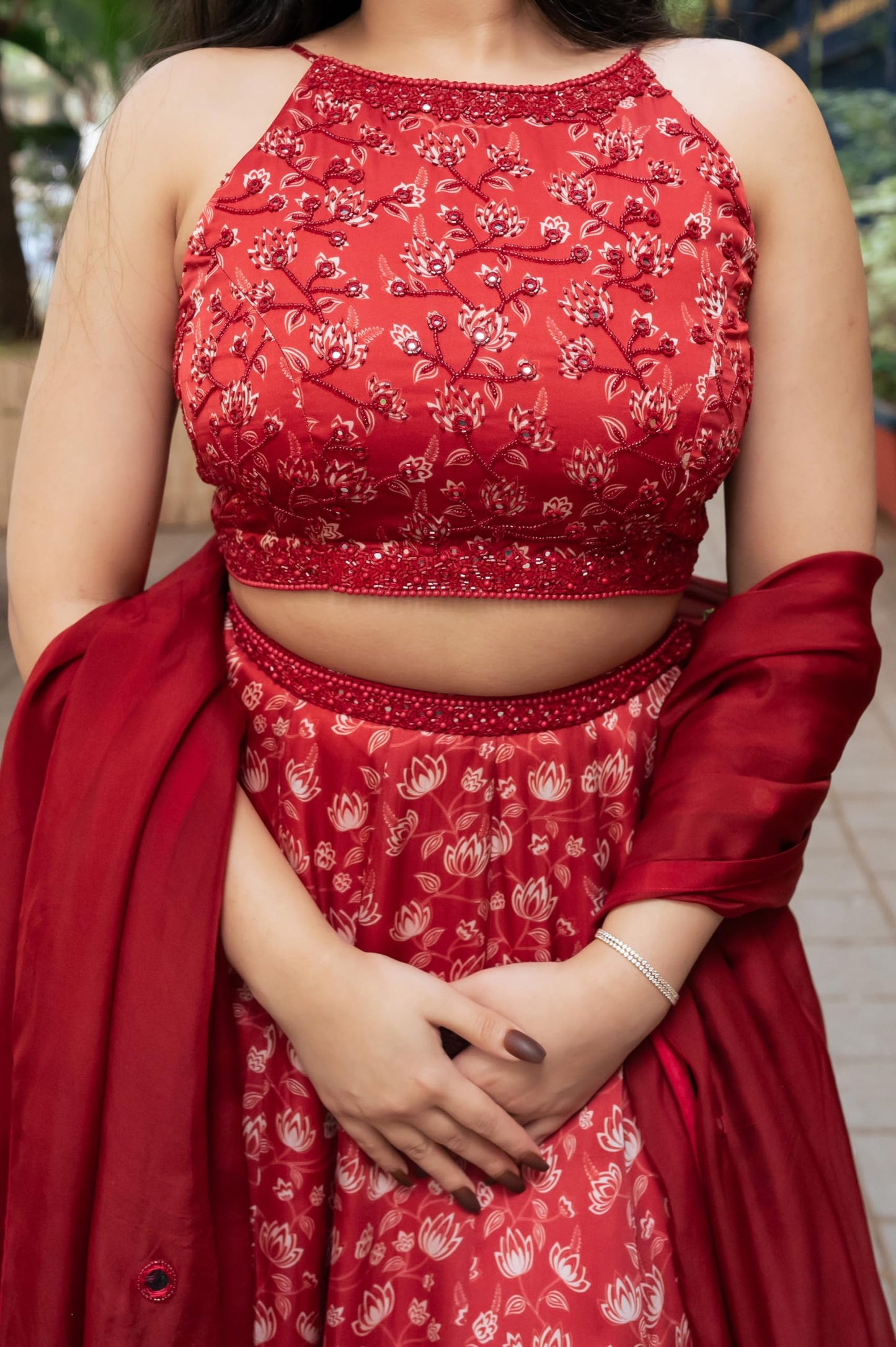 essaySumedha Agrawal Organza Satin Organza Santoon Floral Lehenga for Women (Size: 6XL, Rust)