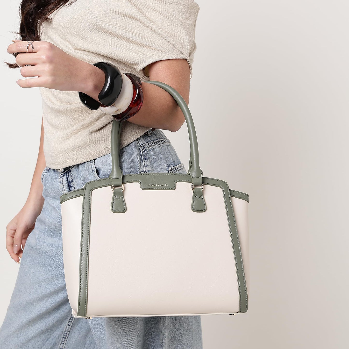 Fastrack White Core Satchel | Women’s Faux-Leather Handbag in Black | 2 Compartments, Zipper Pockets, External Pocket & Detachable Strap | Gold Hardware