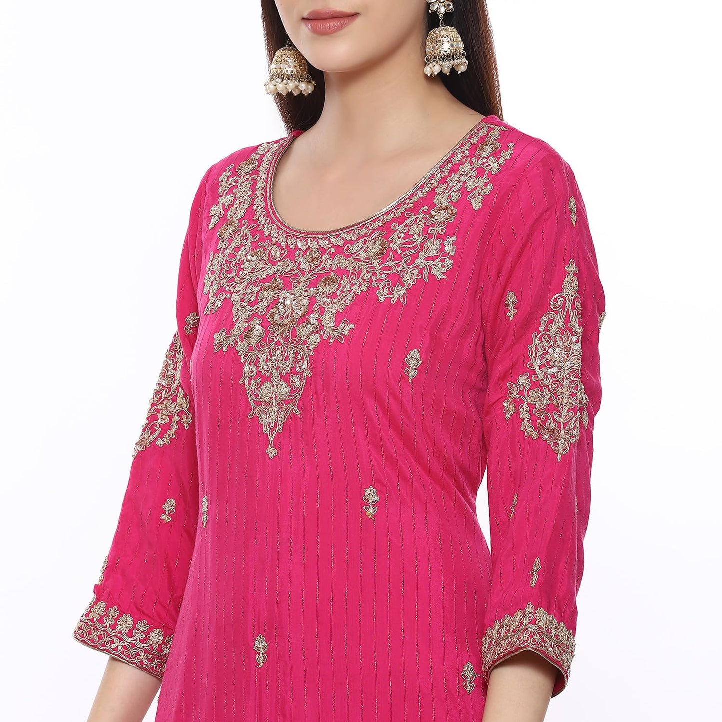 BIBA Women Viscose Embroidery Straight Salwar Kurta Dupatta(Skdkinari8925_Fuchsia_38), Purple