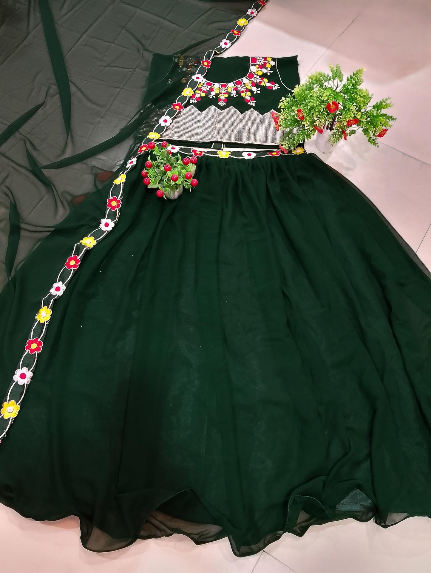 SHYAMLATA Women's Embroidered Georgette Green Crop Top Semi-stitched Lehenga Choli For Women (Party-Wedding-Bridal-Festive; Free Size) (Green)
