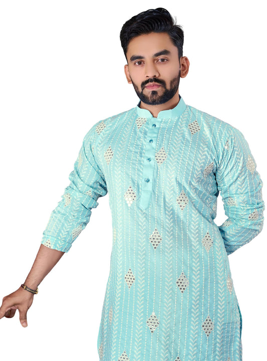 LAZZLY Men's Sequence Mirror Embroidered Cotton Silk Blend Only Slim Fit Kurta (in, Alpha, M, Regular, KDD_Sky)