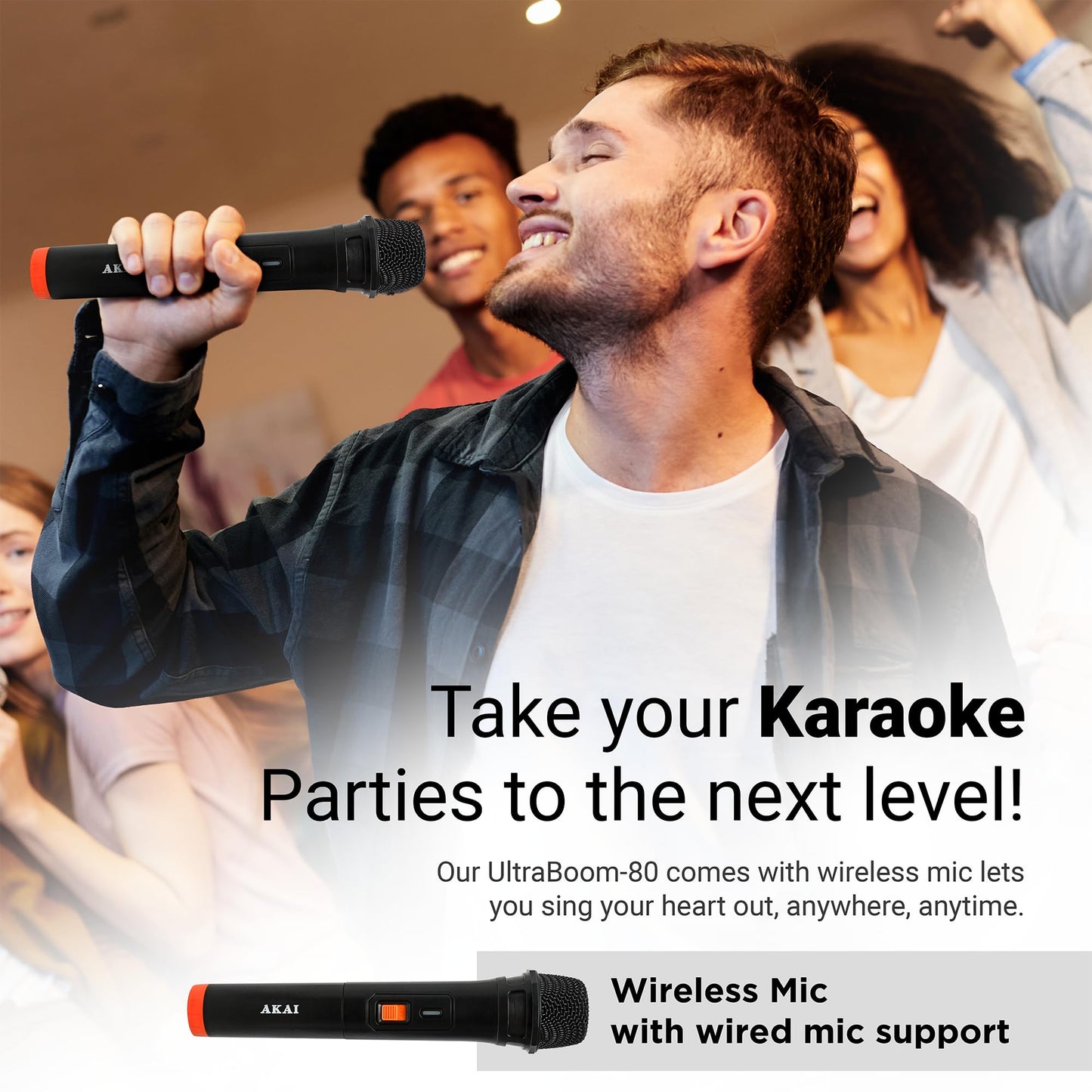 AKAI UltraBoom-80 Bluetooth Party Speaker with Mic, 80 Watts High Bass, LED Lights, Home Theater Music System, Karaoke MIC Speaker, HDMI (ARC), AUX, USB, FM, Remote, Surround Sound for TV & Events
