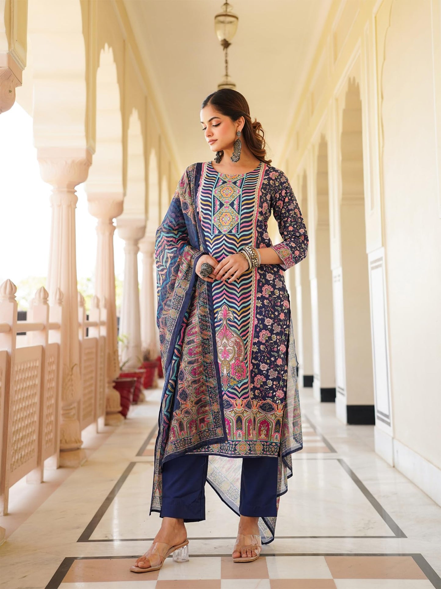 Vaamsi Women's Blue Rayon Printed Straight Kurta Pants With Dupatta Set | Festive Straight Kurta Set For Women | Printed Salwar Suit For Women (SKSKD3049, XL)