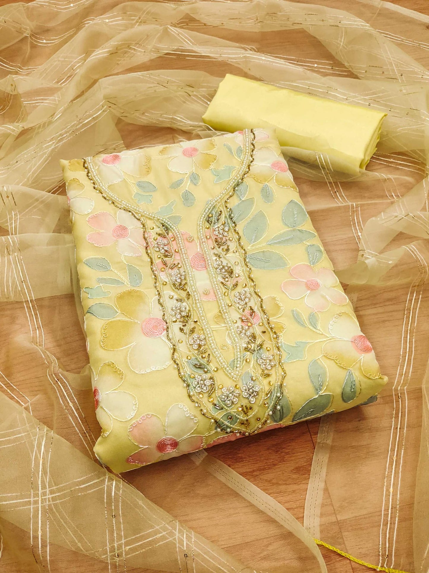 Pandadi Saree Women's Tabby Organza Position Printed Dress Material (Yellow1)