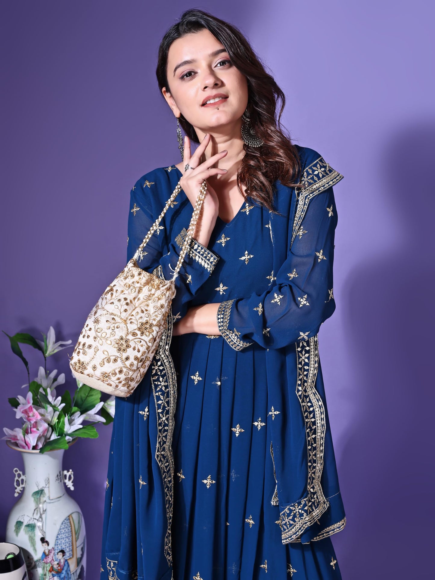 Fashion Basket Faux Georgette Sequins Anarkali Dress for Women (in, Alpha, 2XL, Regular, Turquoise)