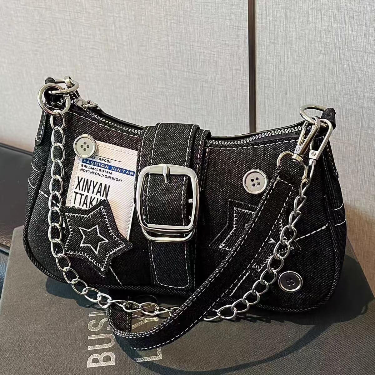 Denim Shoulder Bag for Women, Canvas Aesthetic Crossbody Bag, Lightweight Hobo Handbags, Retro Messenger Bag for Teen Girls, Casual Style Jeans Purse for everyday Use with Zipper Pockets (Black Chic)