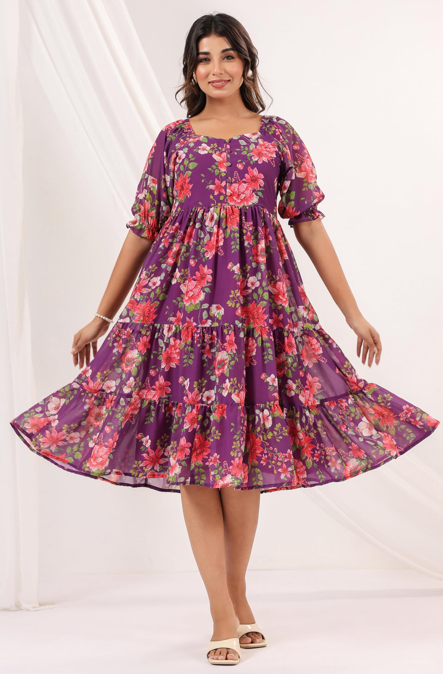 Janasya Women's Purple Georgette Floral Printed Tiered Dress (JAC24DR01628-L)