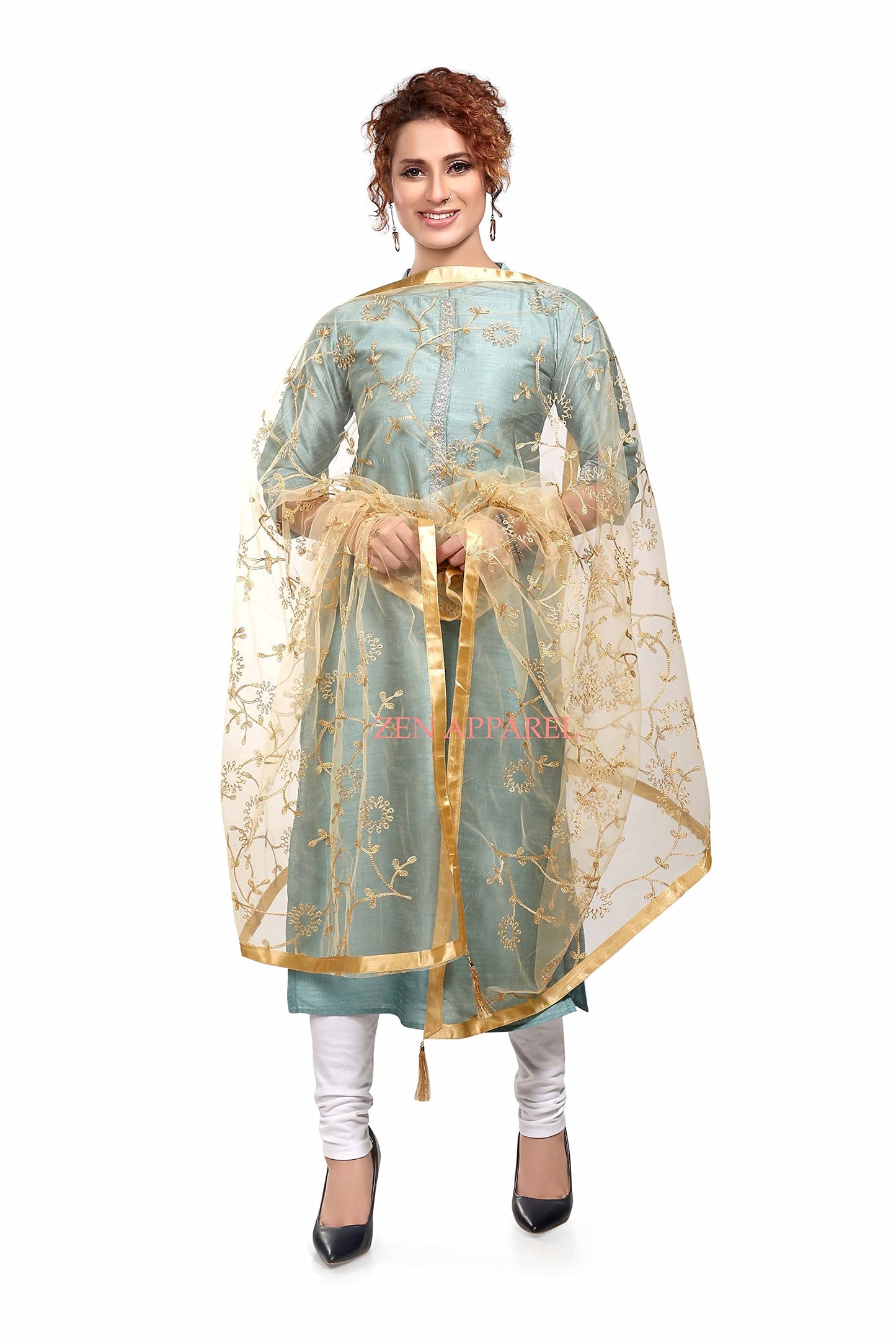 ZEN APPAREL Women's Embroidered Golden Net Dupatta With Lace Borders (Gold Z-101) (Gold)