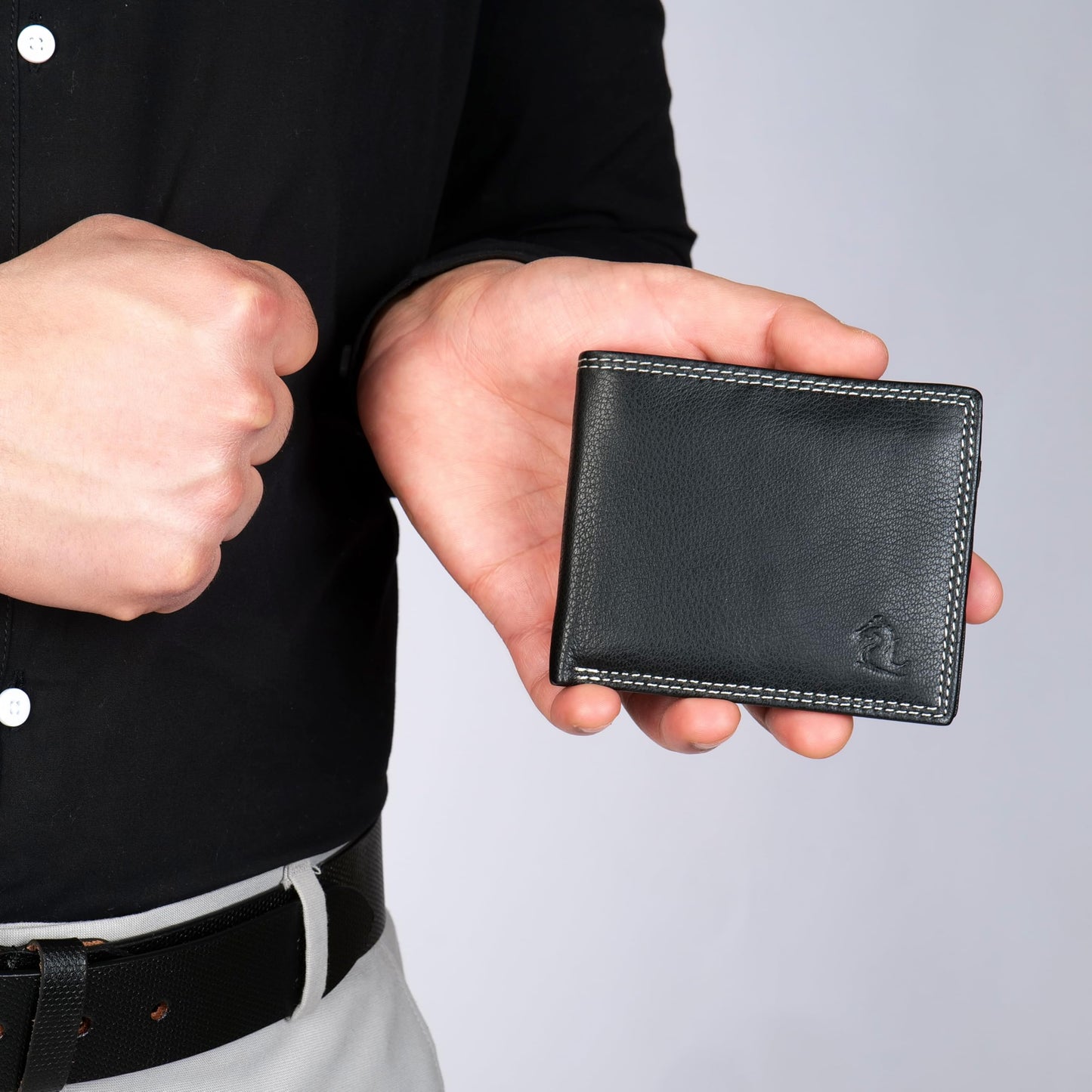 KARA Premium Men's Genuine Leather Wallet – Sleek Black with Zipper Coin Pocket, 2 Cash Compartments, 7 Card Slots & Transparent ID Slot