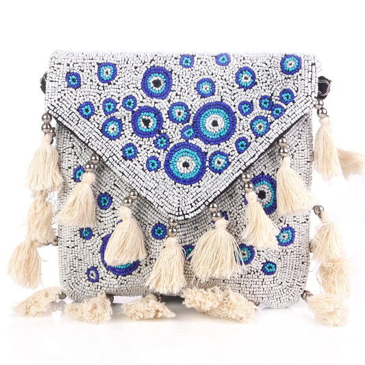 SWISNI Blue White And Blue Designer Small Boho Bag II Women's Traditional Designer Clutch For Women & Girls II BANJARA BOHO BAG