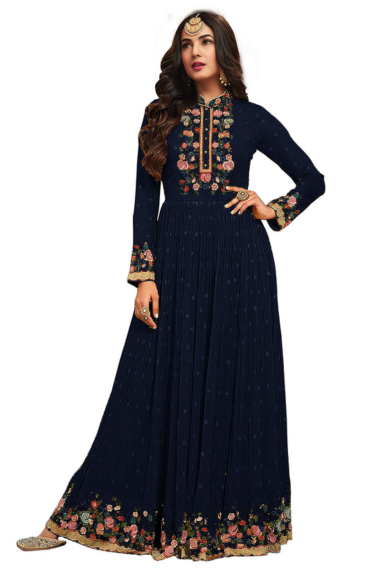 RUDRAPRAYAG Anarkali Georgette and Santoon Gown for Women | Semi Stitched Long Anarkali Gown for Women 2024 Navy Blue