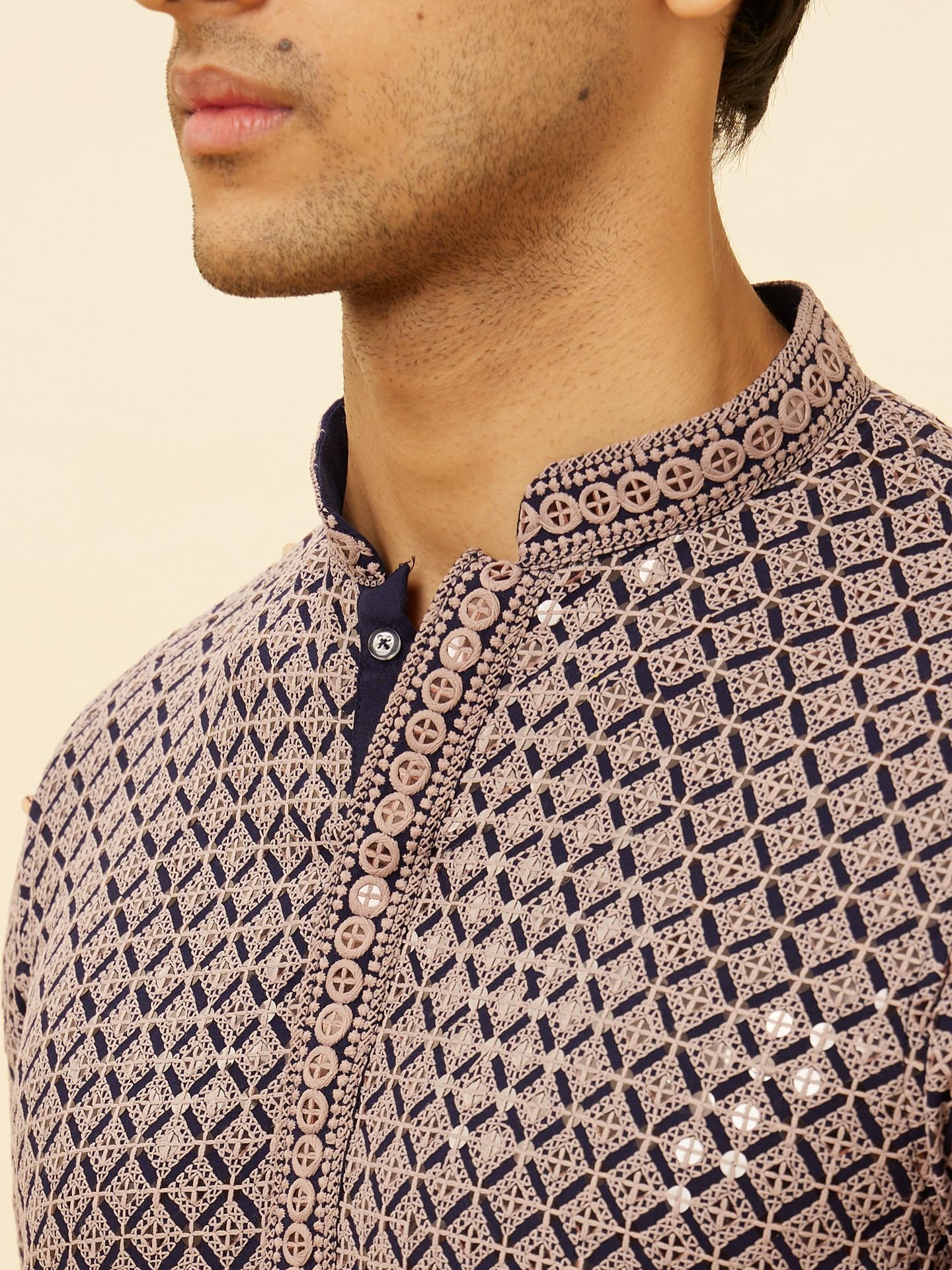 Manyavar Mens Grey Viscose Kurta Pyjama Set