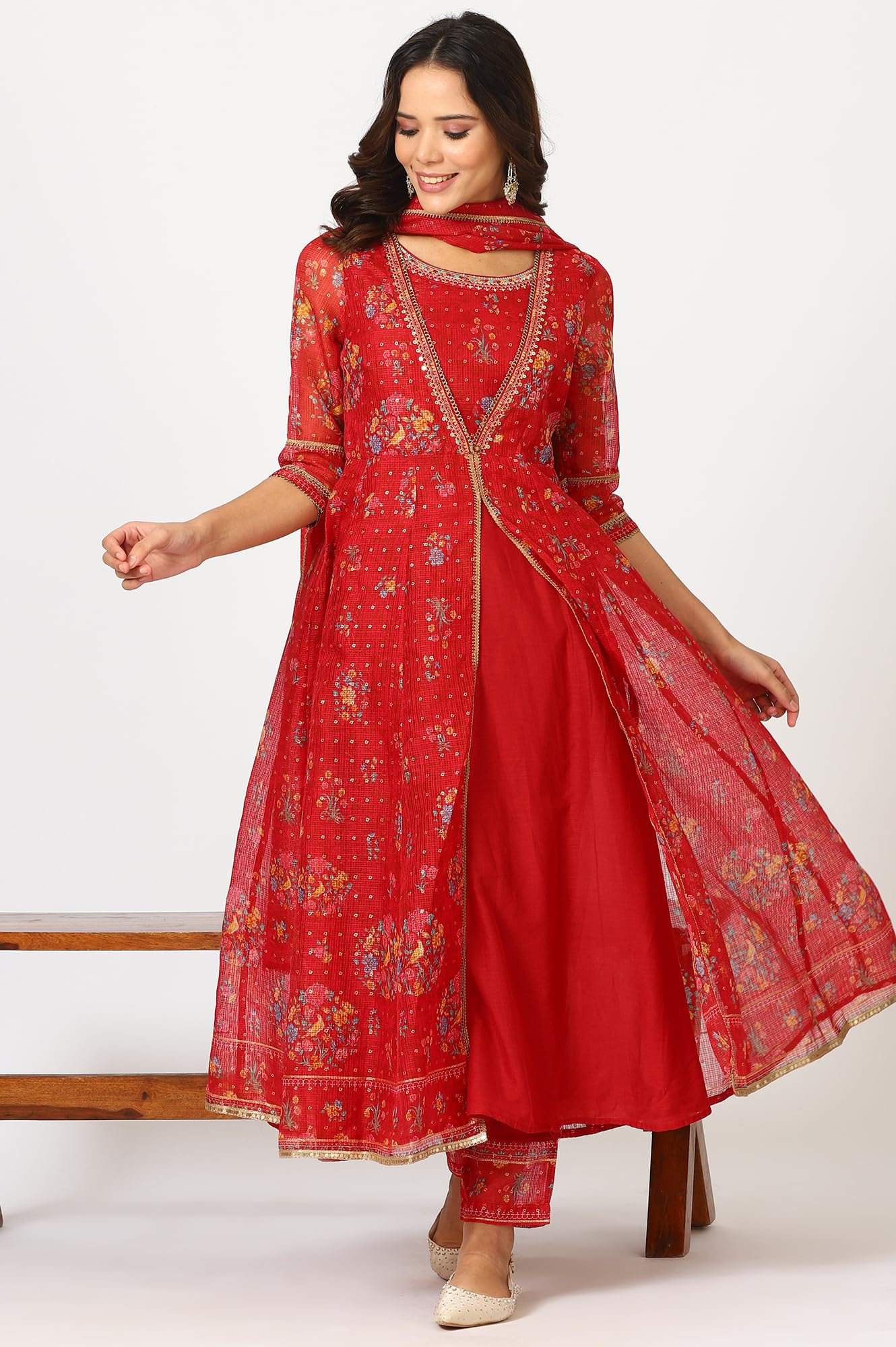 W for Woman Crimson Red Embroidered Flared Kota Kurta, Straight Pants and Dupatta (Size: 3XL)-24AUWS11760-124639