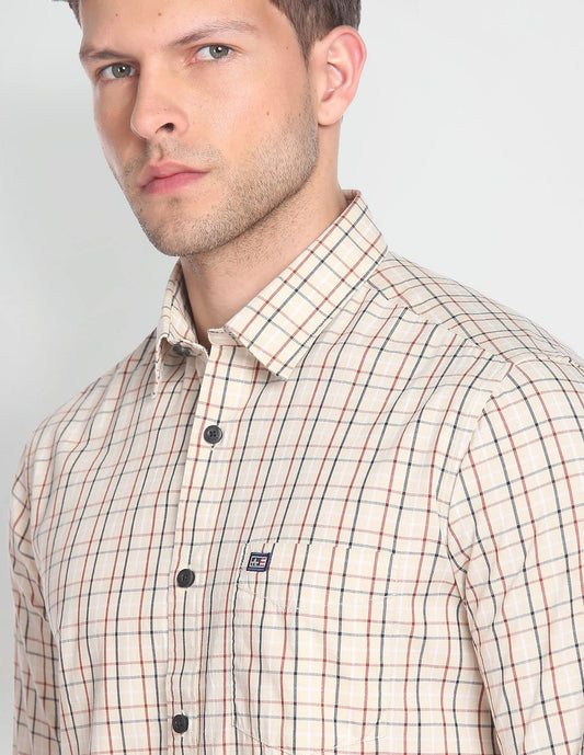 Arrow Men's Checkered Full Sleeve Slim Fit Point Collar Cotton Casual Shirt Beige