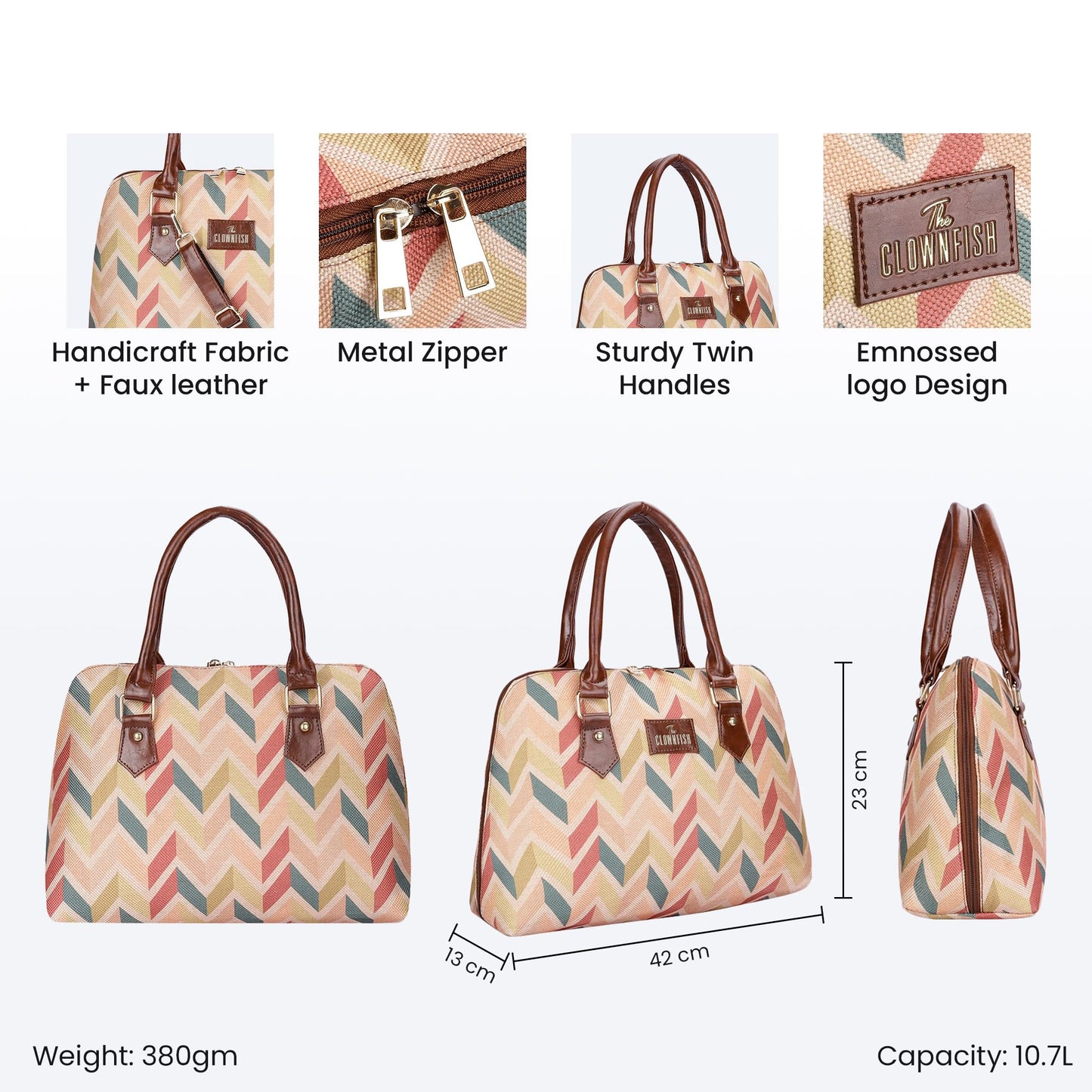 THE CLOWNFISH Montana Series Printed Handicraft Fabric & Faux leather Handbag for Women Office Bag Ladies Purse Shoulder Bag Tote For Women College Girls (Cream-1)