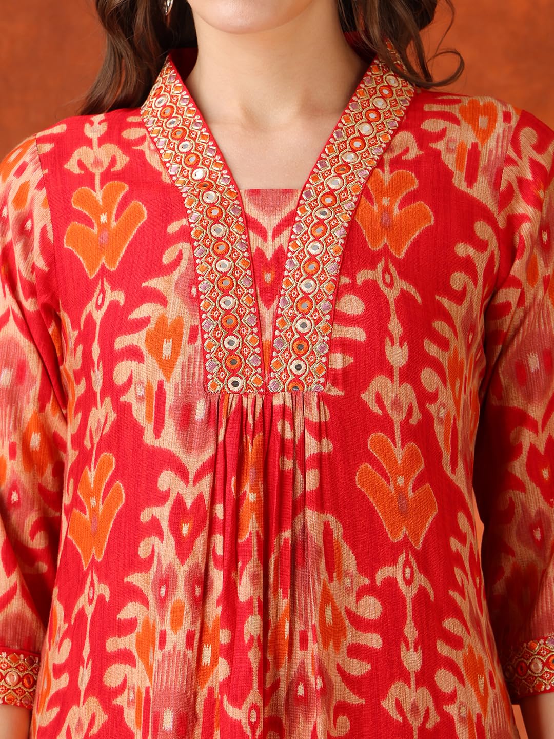NIVANA Embroidered & Printed Kurta with Pant & coordinated Dupatta|Red|L