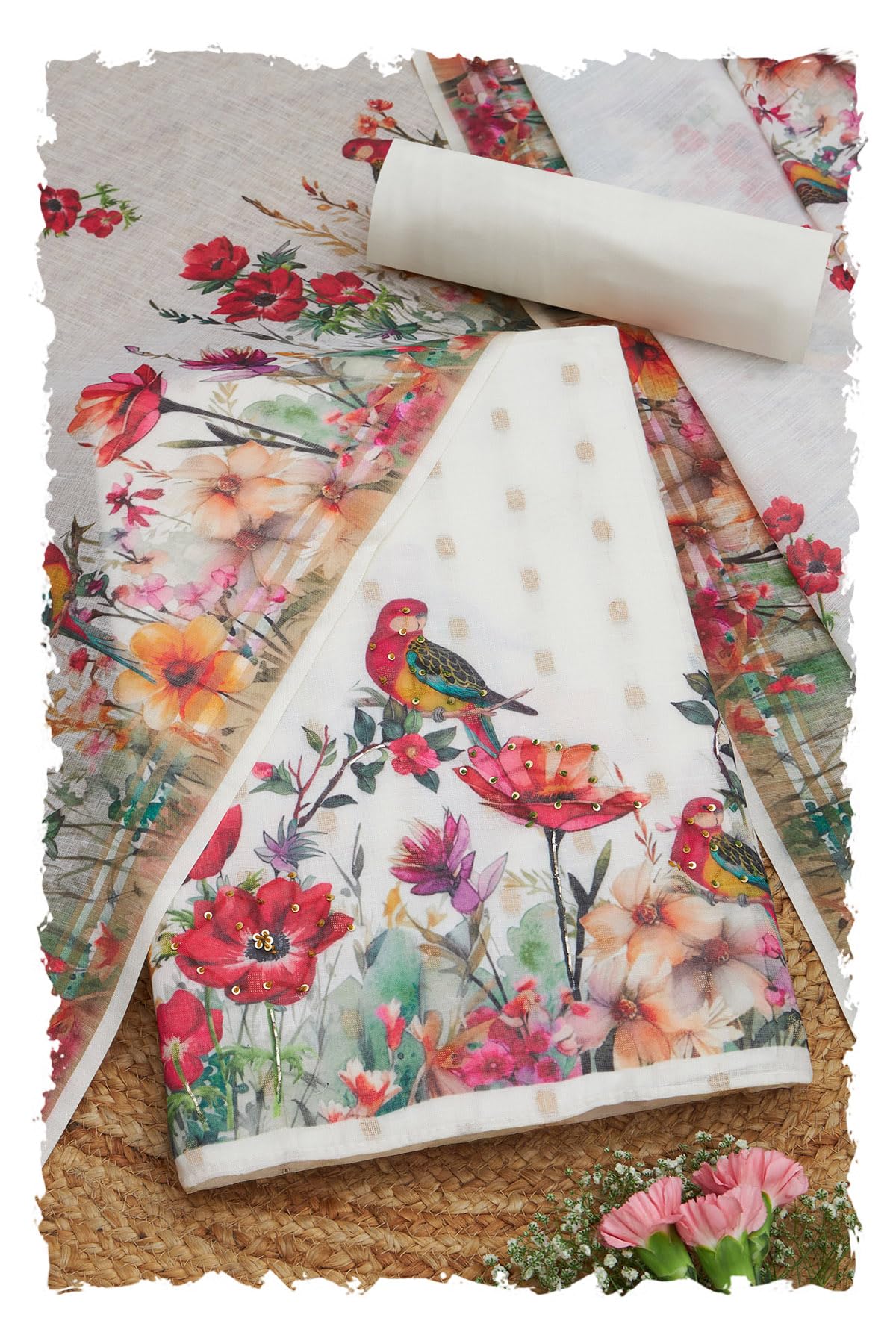 Soch Womens Off White Linen Botanical Print Unstitch Dress Material With Sequins