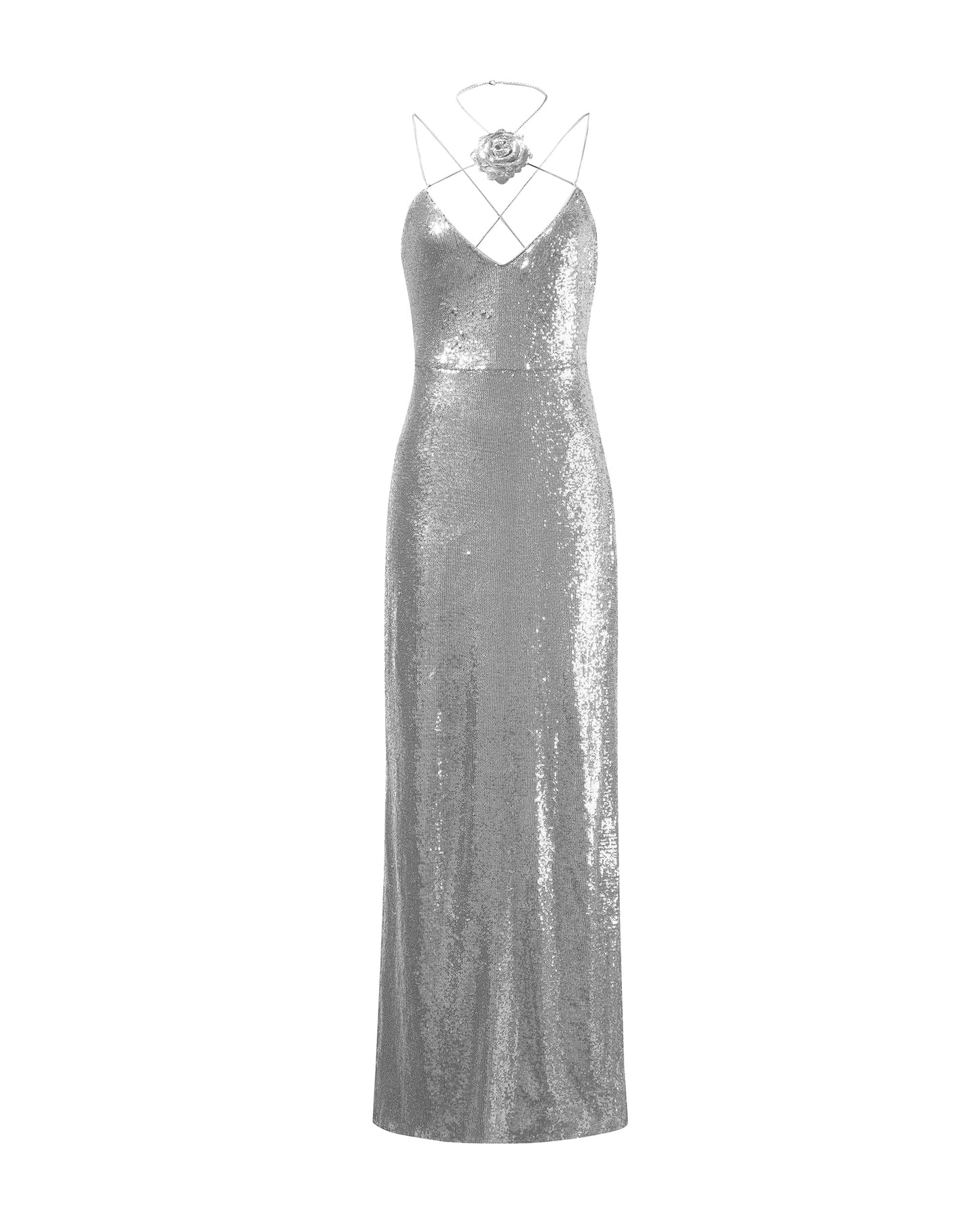 JW PEI Women's Heisey Sequinned Rosette Maxi Dress, Silver, 2