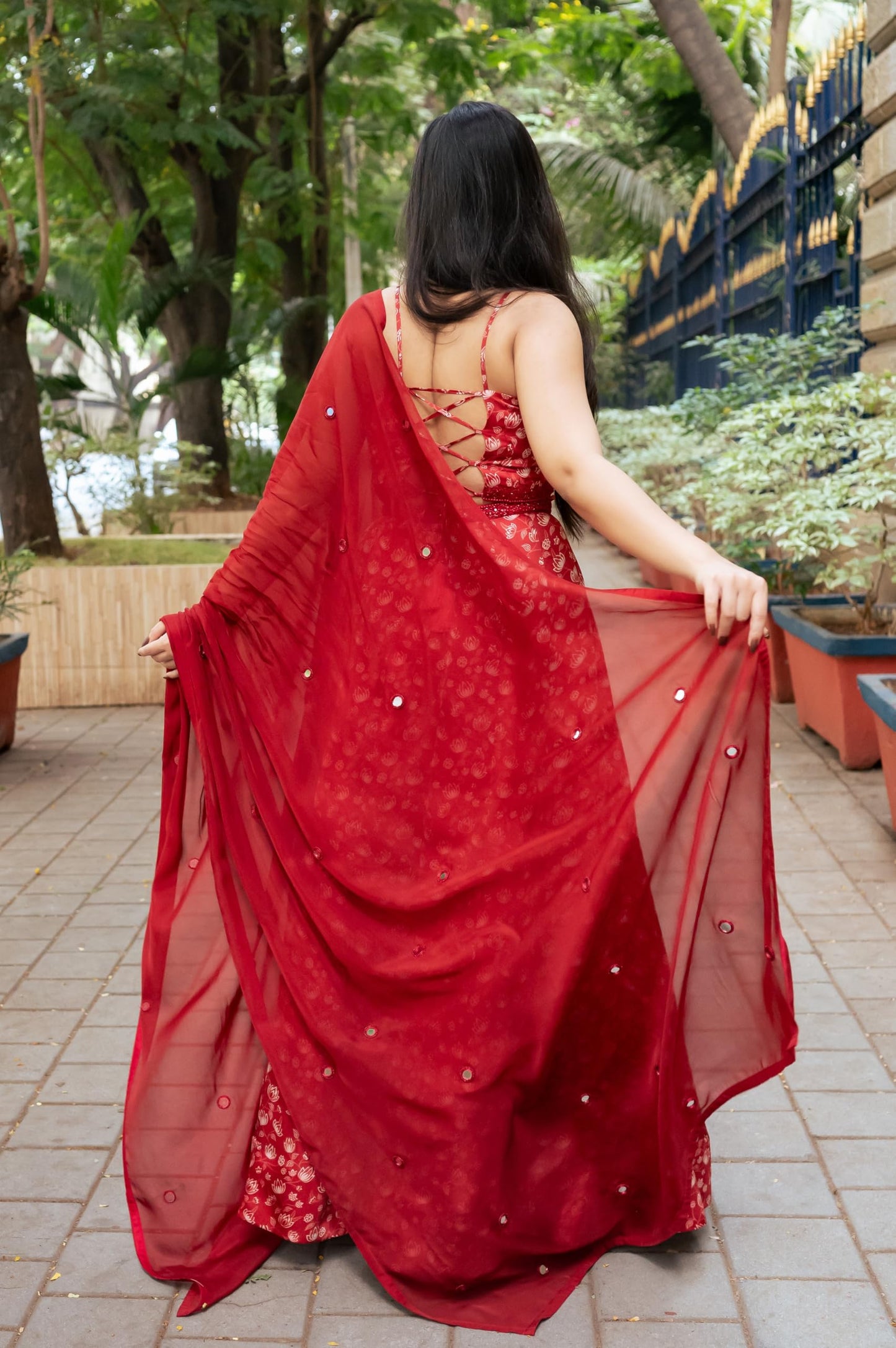 essaySumedha Agrawal Organza Satin Organza Santoon Floral Lehenga for Women (Size: 6XL, Rust)