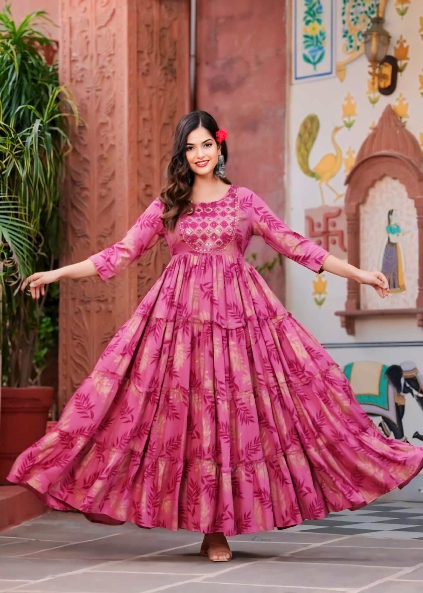 Women's Rayon Printed Anarkali Kurti | Festive Green & Pink Flared Long Dress &Frock (in, Alpha, 3XL, Regular, Pink)