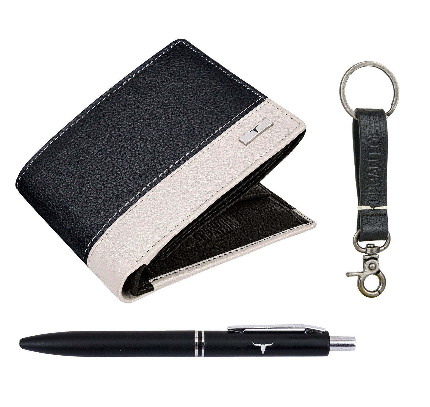 URBAN FOREST Saul Nappa Black/Sand Leather Wallet, Black Pen & Keychain Combo Gift Set for Men