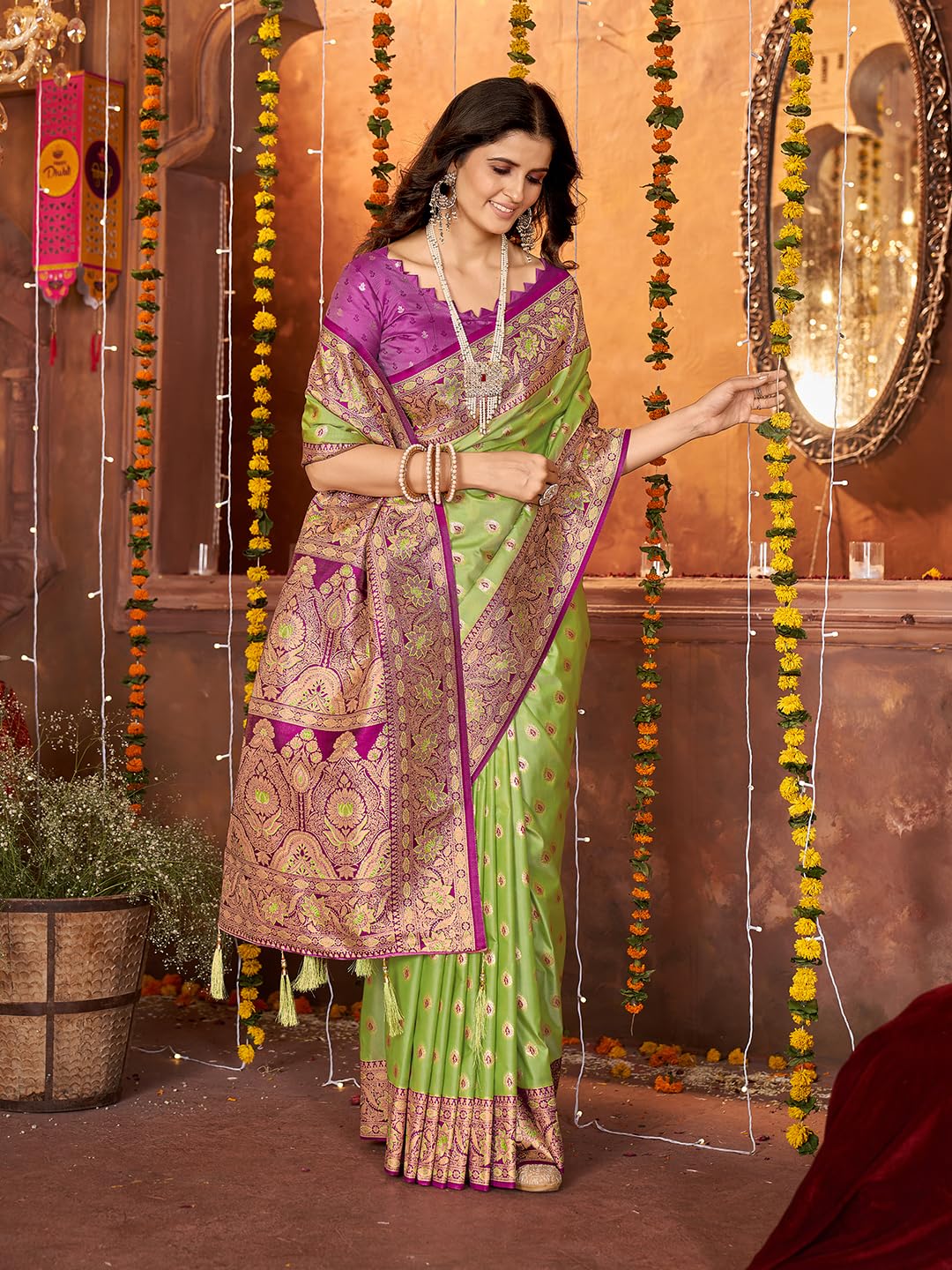 Mehrang Women Ethnic Saree, Silk Blend, Green With Pink Embroidery And Motifs, 6 Metres