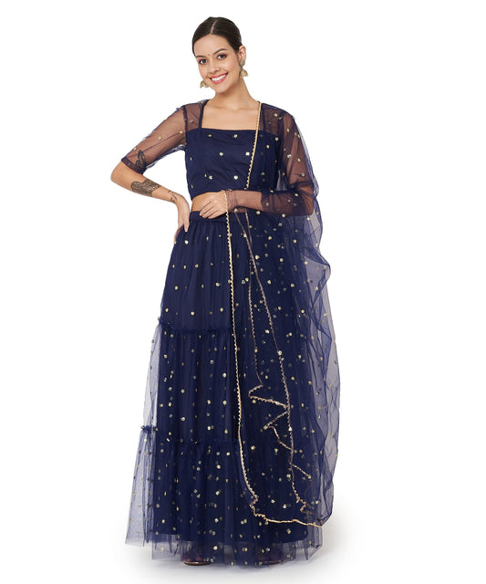 studio rasa Women's Net Sequin Embroidered Tiered Lehenga Set for Wedding Festive Party (LHSC52402L_Navy_Large)
