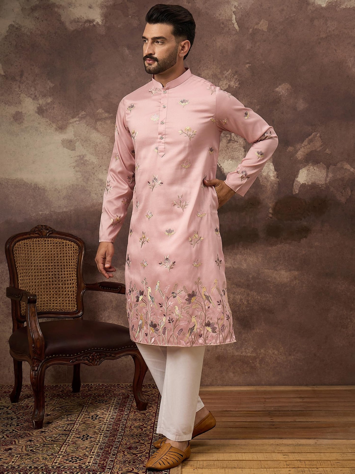 Ethnic Bay Men's Peach Silk Blend Solid Embroidered Calf Length Kurta's | Embroidered Kurta for Men | Straight Fit Kurtas for Mens (MKU1339, XL)