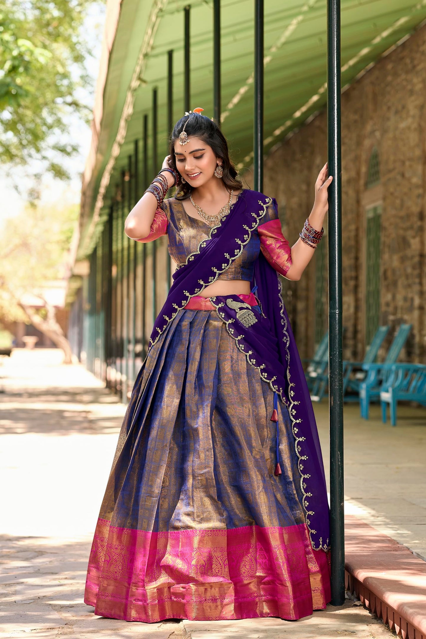 LooknBook Art Women's Solid Pattern Jacquard Silk Lehenga Choli Dupatta Set with Unstitched Blouse Piece and Zari Weave Type