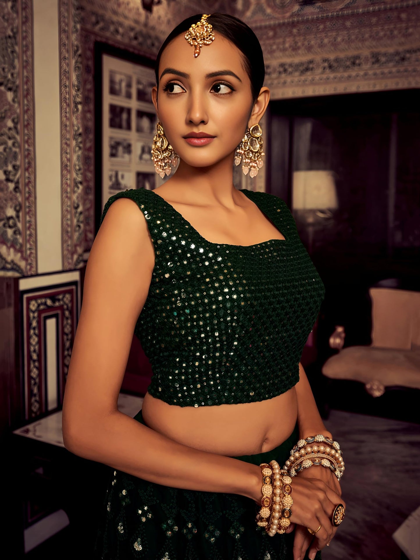 Zeel Clothing Women's Sequins Thread Embroidered Georgette Lehenga Choli With Dupatta (6003-Green-Women-Lehenga-Choli-New; Free Size)(Green)