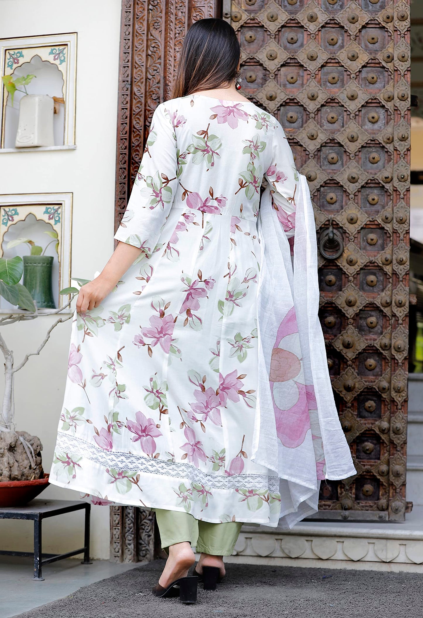 Rangnavi Women Rayon Anarkali Embroidered Printed Kurta Pant and Dupatta Set