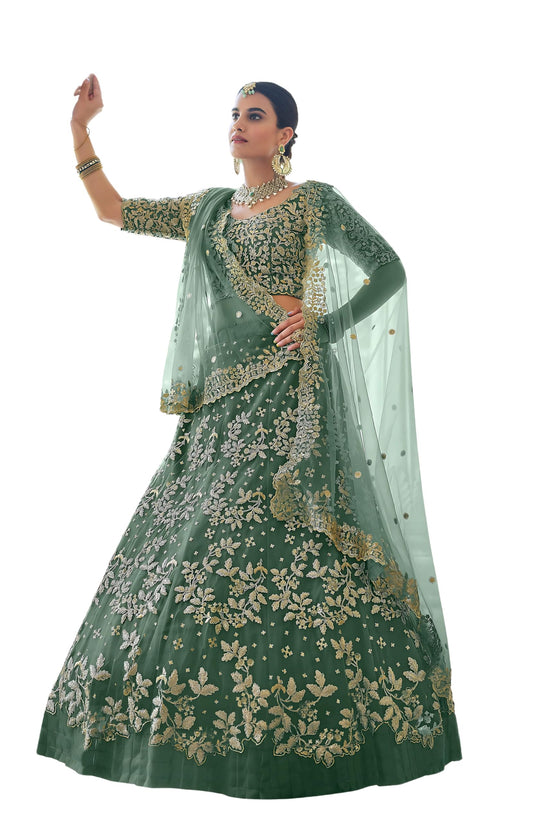 Divine Exim Women's Net Semi Stitched Lehenga Choli with Dupatta | Thread and Sequin Embroidery Pattern | Traditional, Wedding, Ethnic Wear Lehenga (Light Green)