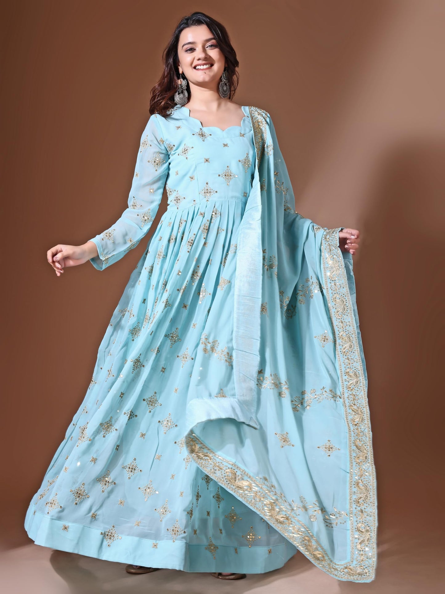 Fashion Basket Georgette Sequins Long Dress for Women (in, Alpha, 2XL, Regular, SKU Blue)