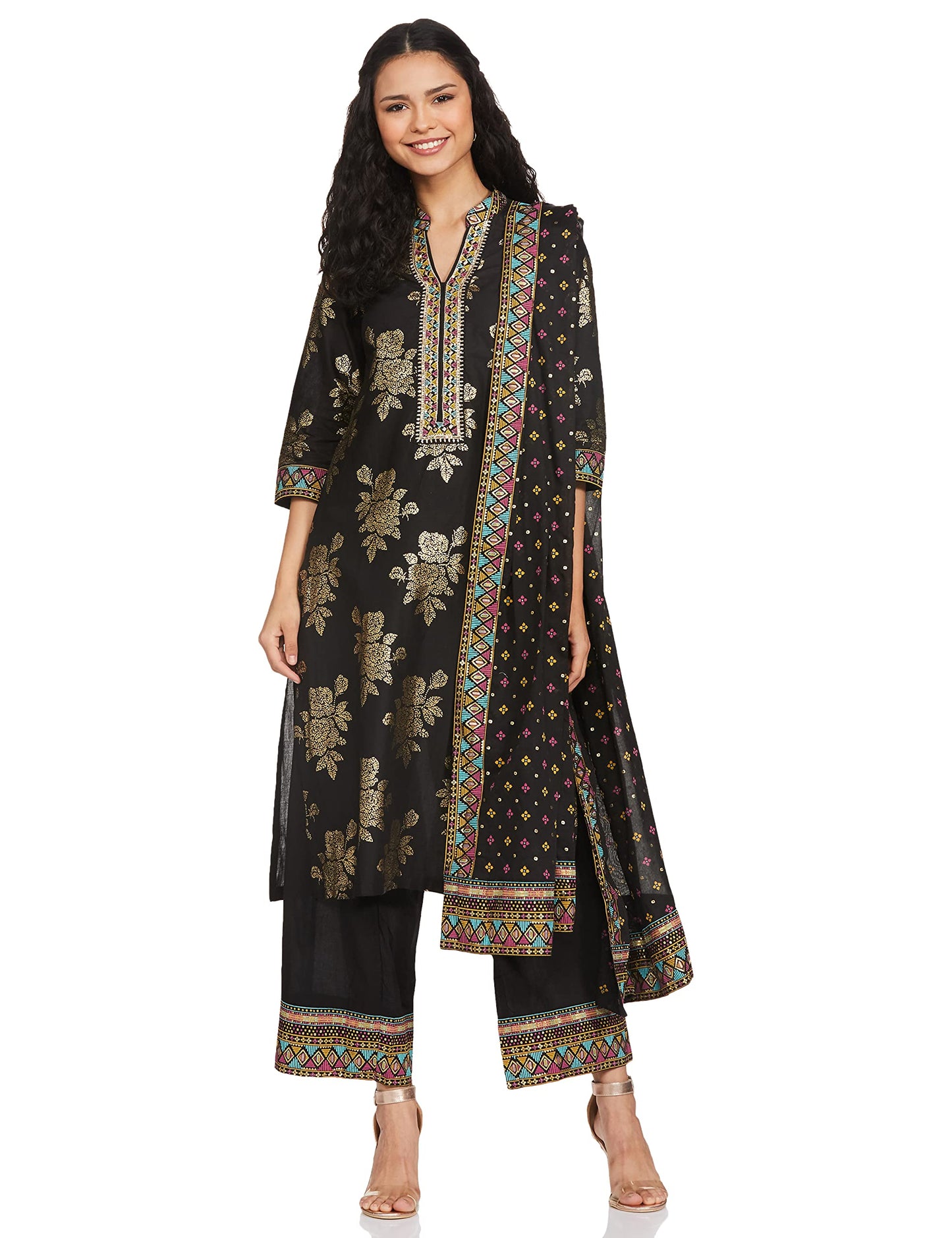 BIBA Cotton Women Printed Straight Salwar Kurta Dupatta(Skdbandhej 7509_Black_32)
