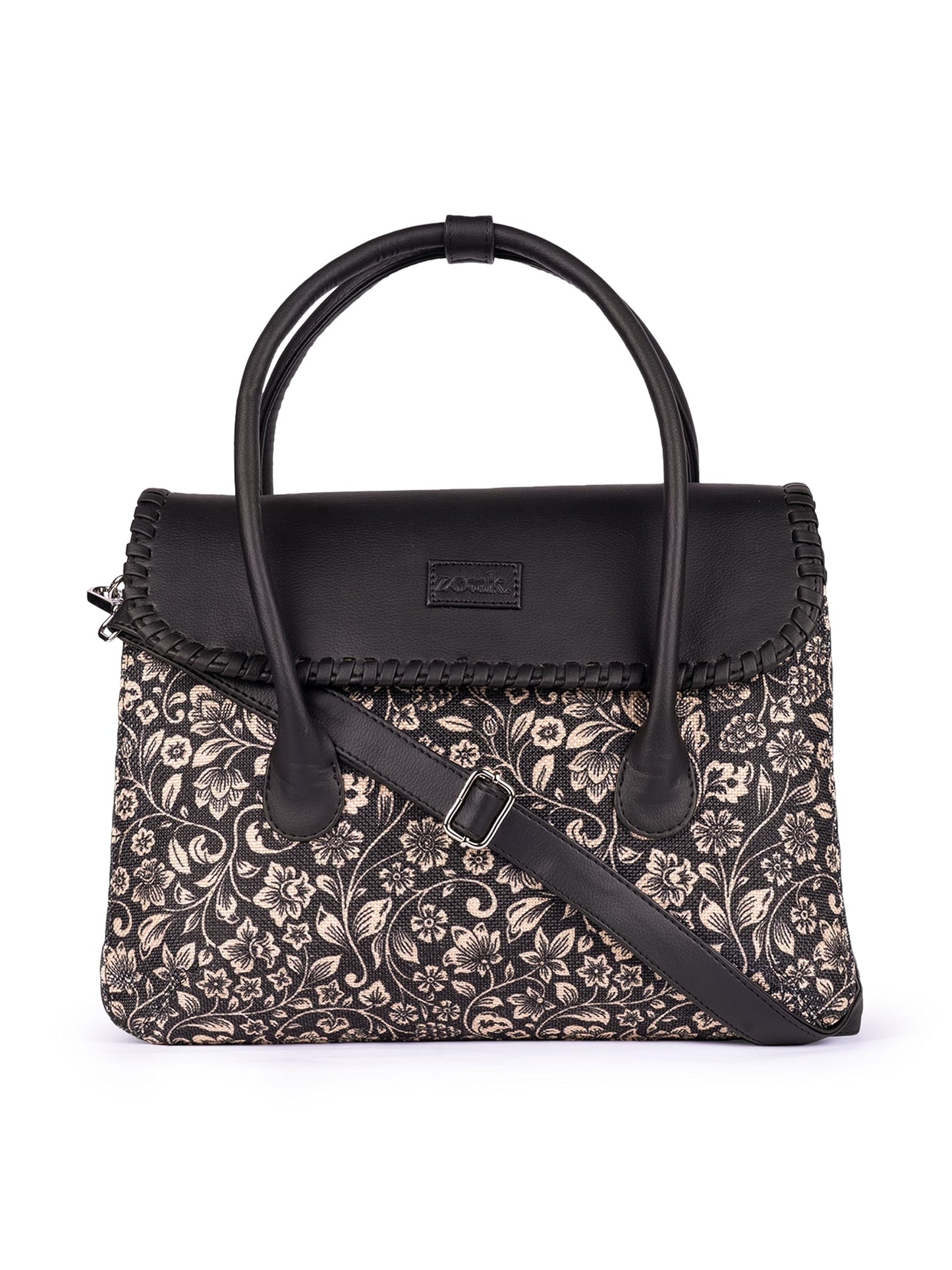 ZOUK Flomotif Floral Printed Jute Handcrafted Vegan Leather Black Women's Satchel Bag | Ladies Purse Handbag | Double Handle Detachable Strap