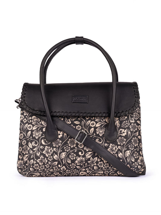 ZOUK Flomotif Floral Printed Jute Handcrafted Vegan Leather Black Women's Satchel Bag | Ladies Purse Handbag | Double Handle Detachable Strap