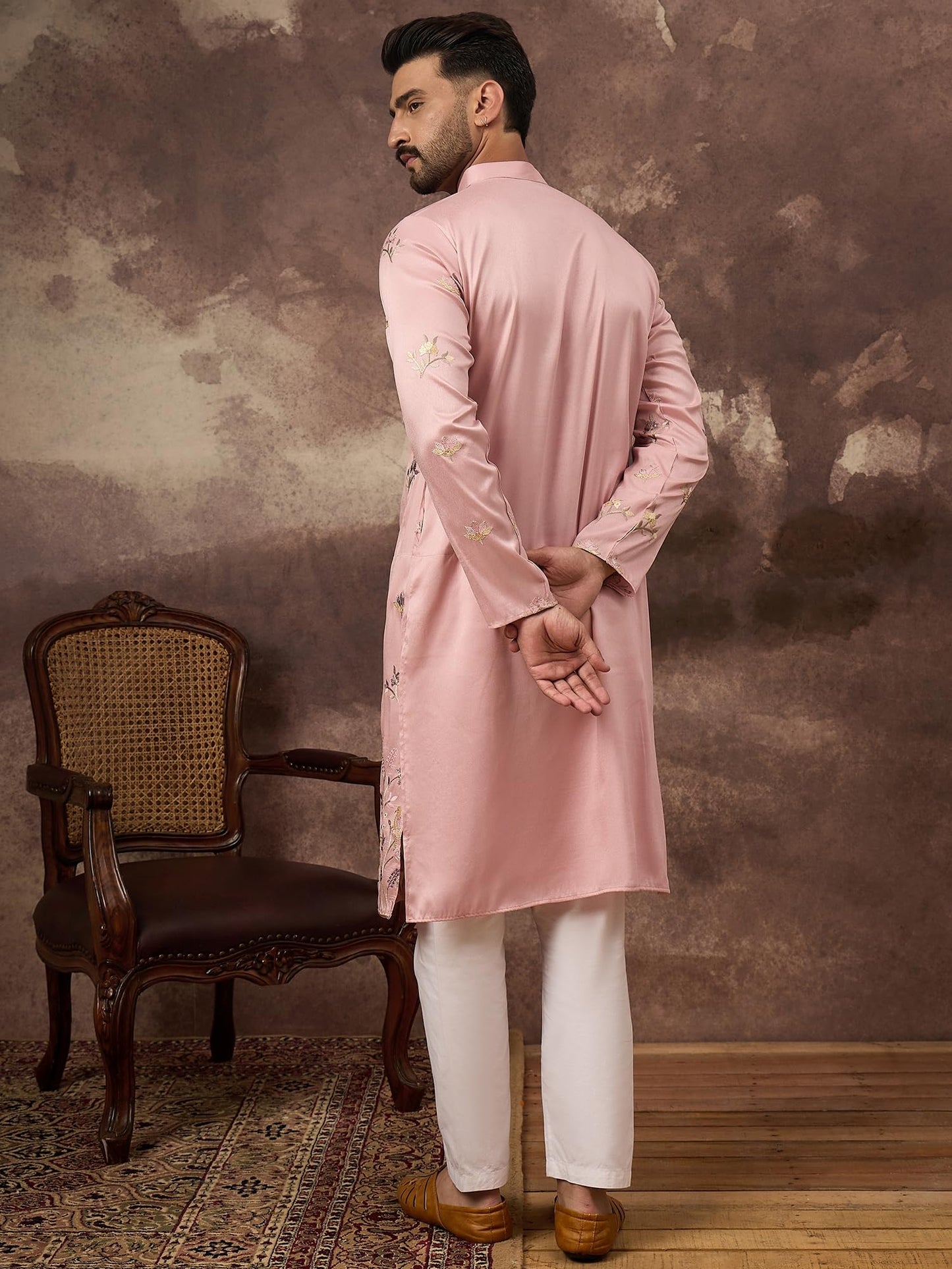 Ethnic Bay Men's Peach Silk Blend Solid Embroidered Calf Length Kurta's | Embroidered Kurta for Men | Straight Fit Kurtas for Mens (MKU1339, XL)