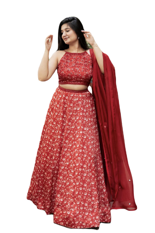 essaySumedha Agrawal Organza Satin Organza Santoon Floral Lehenga for Women (Size: 6XL, Rust)