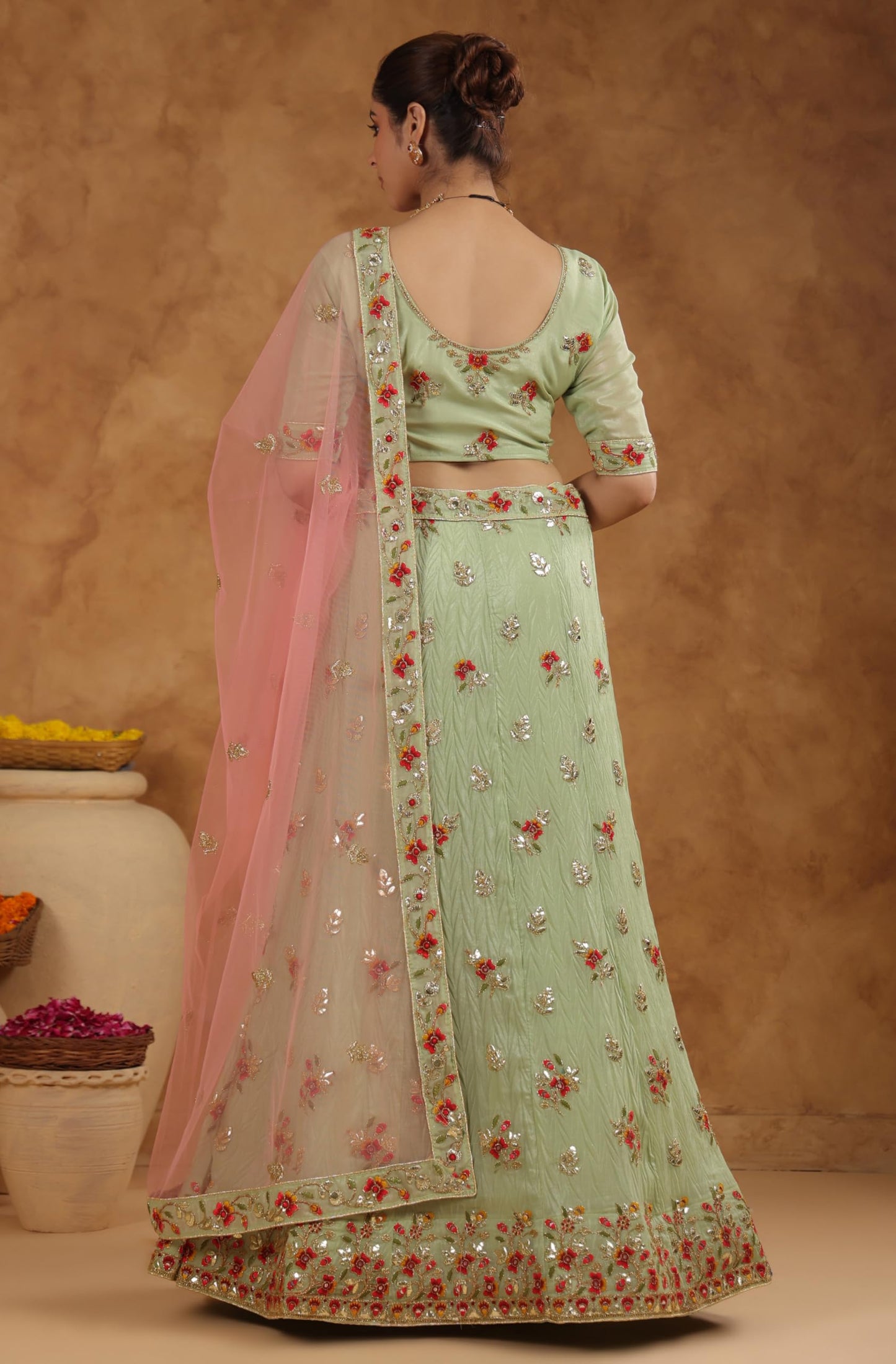 Janasya Women's Pista Green Zari Art Silk Embroidered Semi-Stitched Lehenga Choli with Dupatta Set (JAB24LC01931)