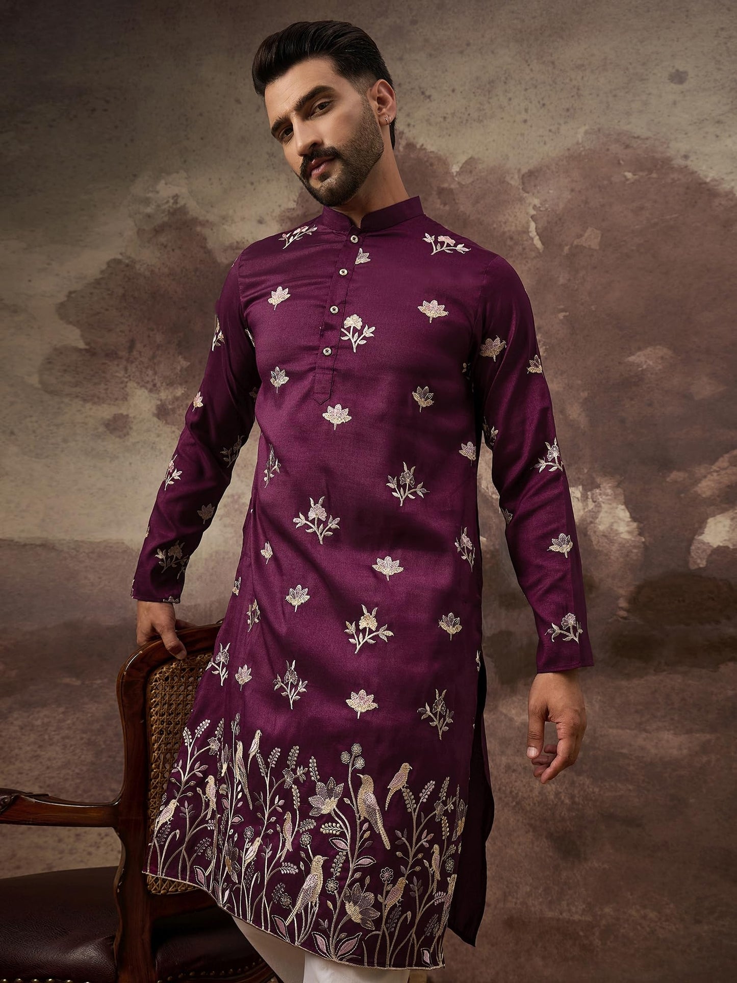 Ethnic Bay Men's Purple Silk Blend Solid Embroidered Calf Length Kurta's | Embroidered Kurta for Men | Straight Fit Kurtas for Mens (MKU1340, S)