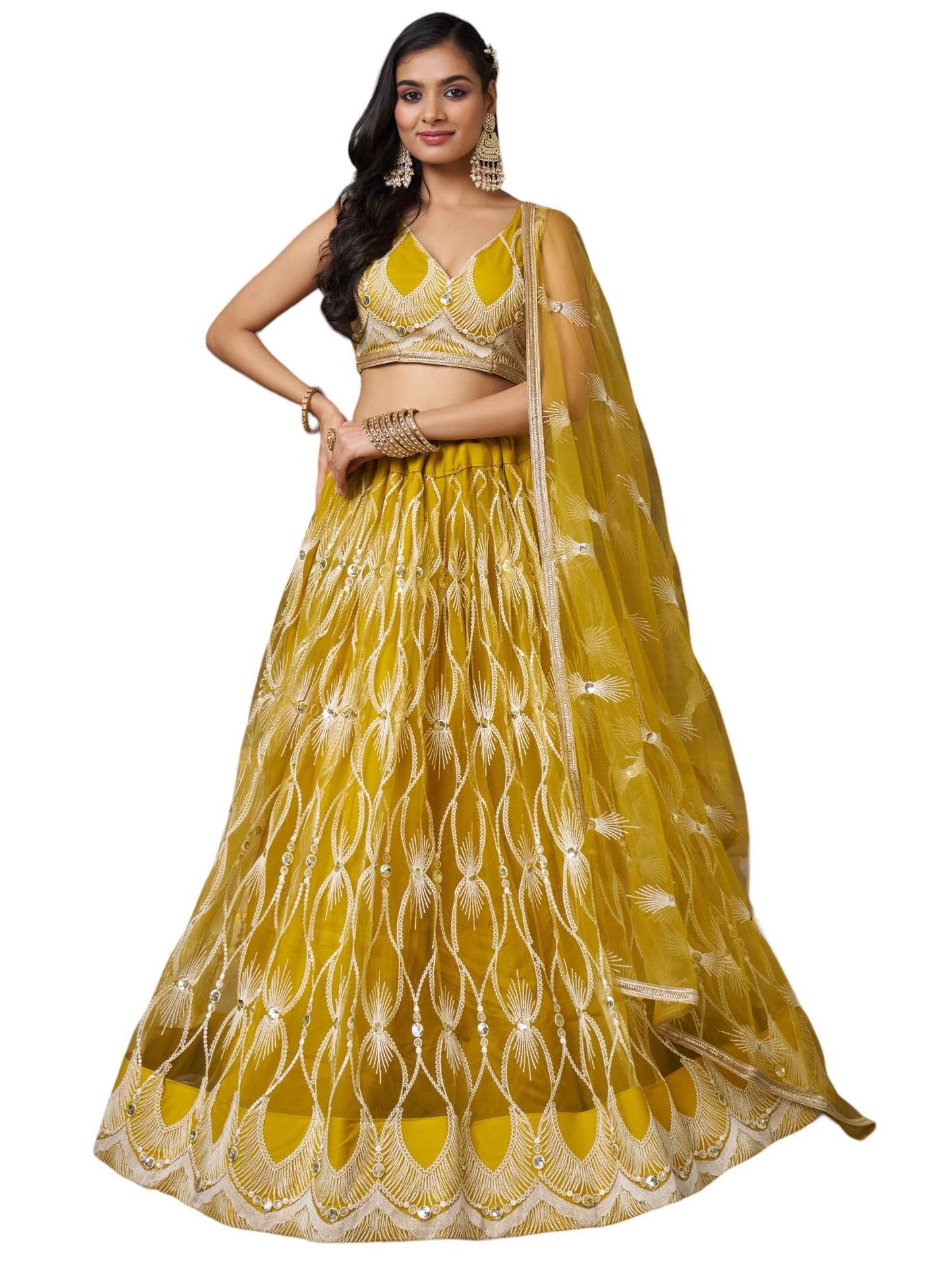 Zeel Clothing Women's Cotton Thread Sequins Work Embroidery Soft Net Semi-Stitched Lehenga Choli Set With Dupatta (Nfh-2139-Yellow-Women-Lehenga-Choli-Latest; Free Size)