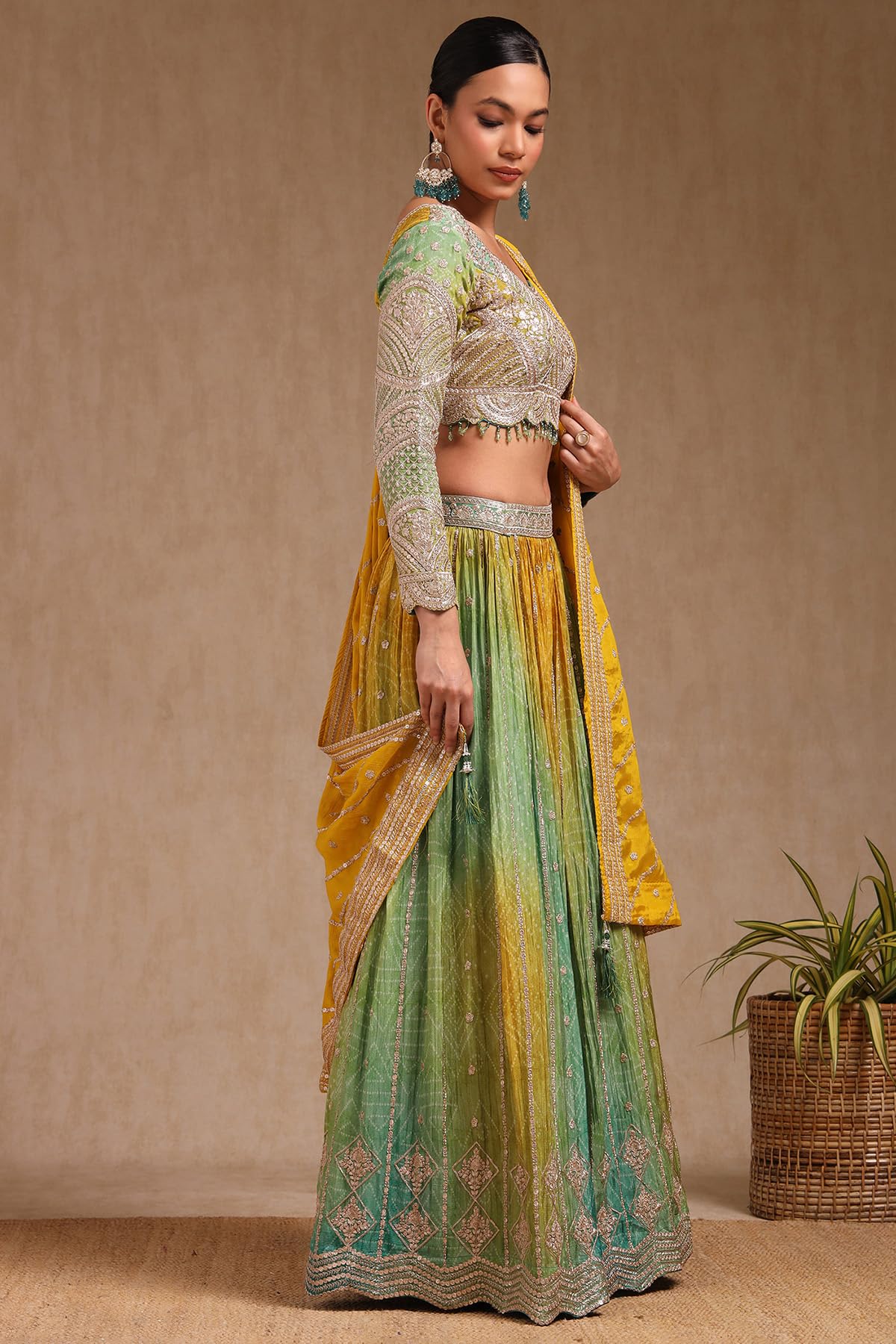 Soch Womens Green Viscose Bandhani Print Lehenga Choli With Zari